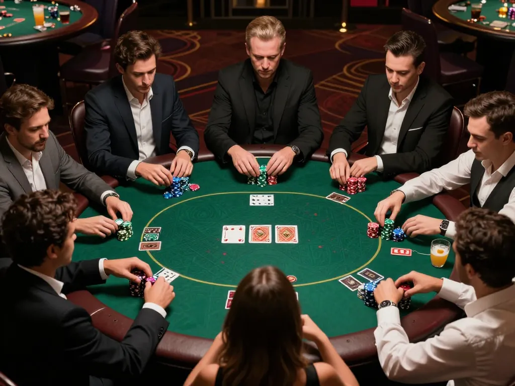 Players engaging in a high-stakes poker game at LV88 casino, with chips and cards in action.