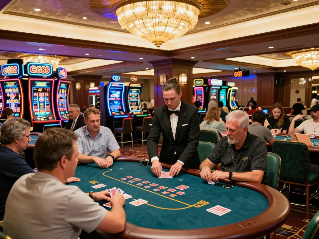 Players enjoying a thrilling experience at GG88 casino tables, illuminated by vibrant neon lights.