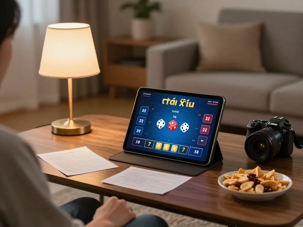 Player enjoying an online tài xỉu game on a tablet at home, showcasing dynamic gameplay and a cozy environment.