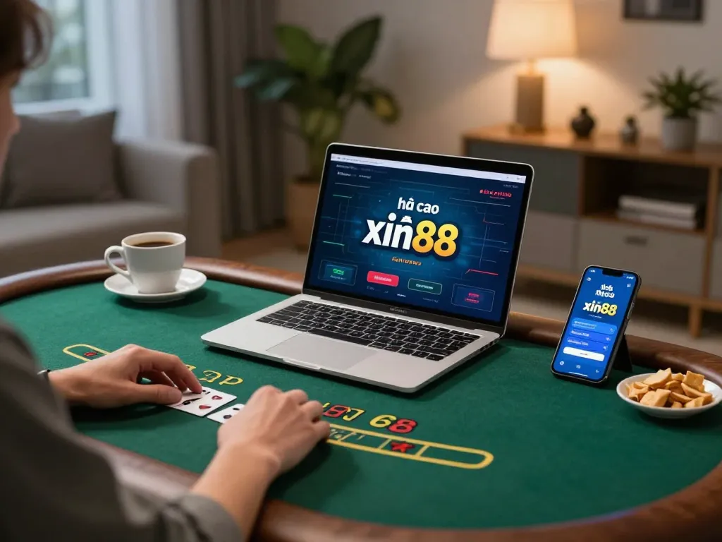 Player engaged in live dealer blackjack from nhà cái xin88 at home, showcasing a comfortable gaming setup.