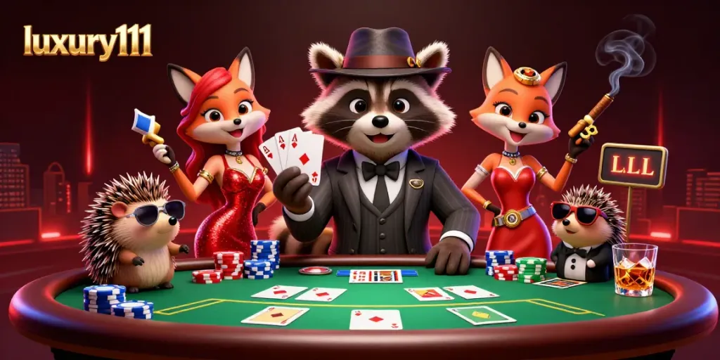 Experience the excitement of luxury111 with a suave raccoon, elegant fox, and a hedgehog at a dynamic poker table.