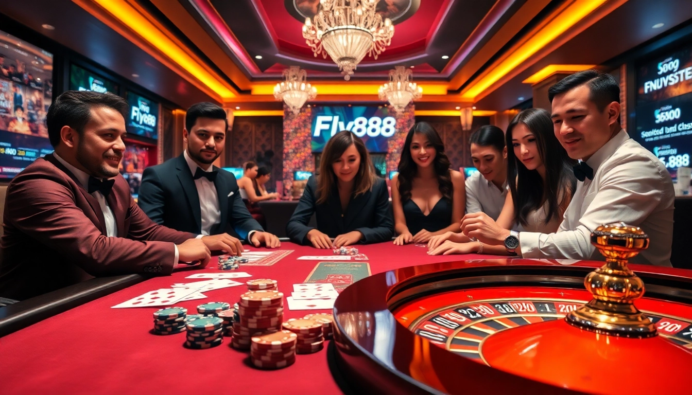 Winning at poker in a luxurious casino setting, featuring gameplay from https://www.fly888.club/ with vibrant chips and cards.
