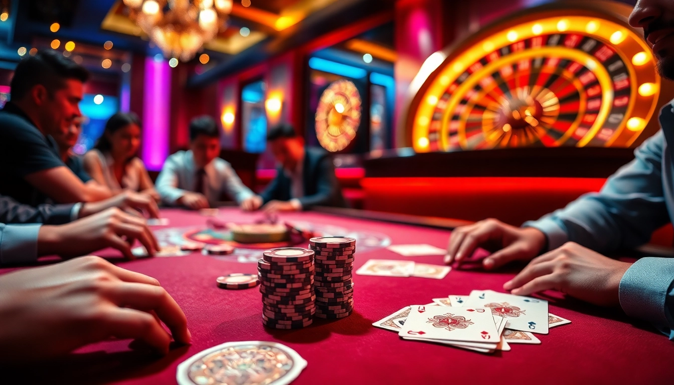 WE88 players enjoying an exciting game at a luxurious poker table with vibrant ambiance.