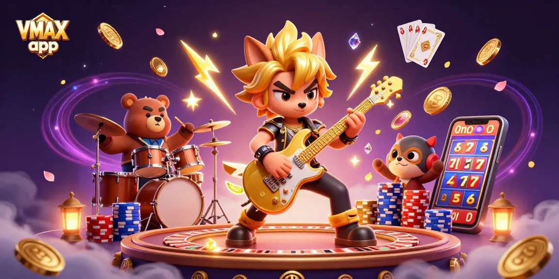 Rock star wolf performing with the VMAX app in a lively casino scene filled with golden coins and dynamic energy.