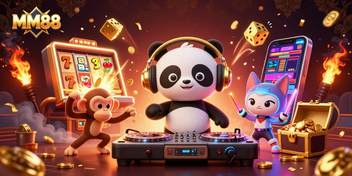 MM88 spins vibrant gaming energy with a DJ panda, monkey, and kitten, igniting excitement!