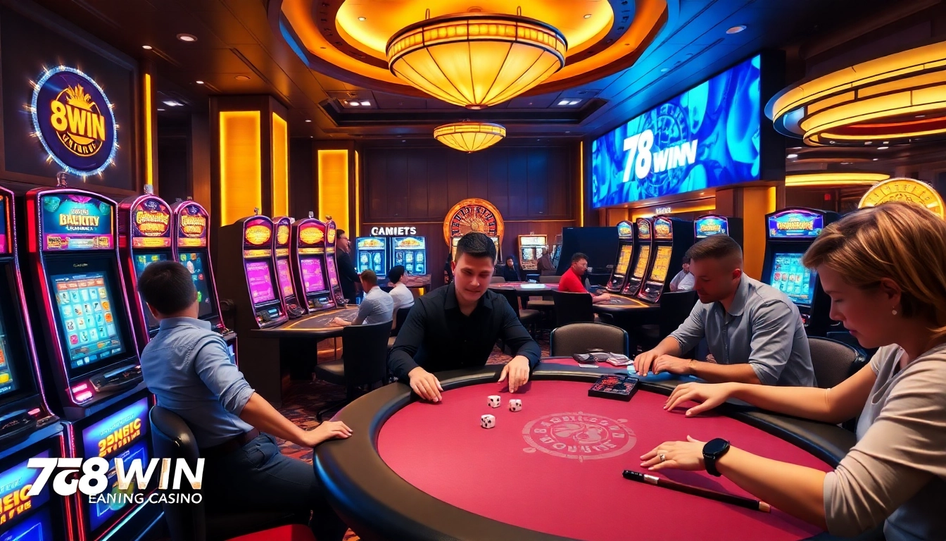 Experience the thrill of 78WIN casino with players engaging at poker and slot machines.