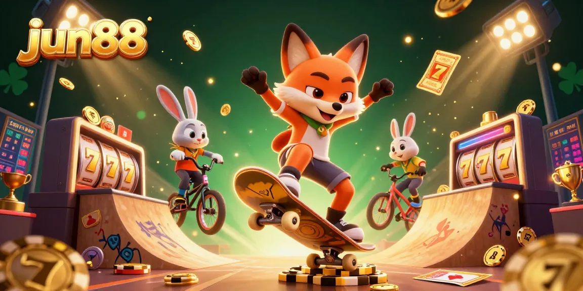 Experience the thrill of jun88 as the animated fox performs tricks over golden chips in a vibrant casino scene.
