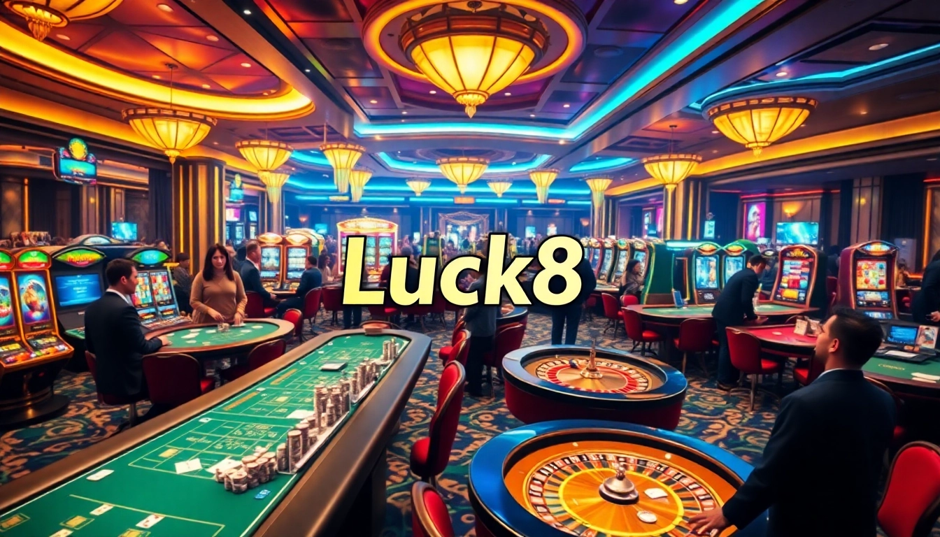Luck8 casino scene featuring vibrant slot machines and excited gamblers at tables.