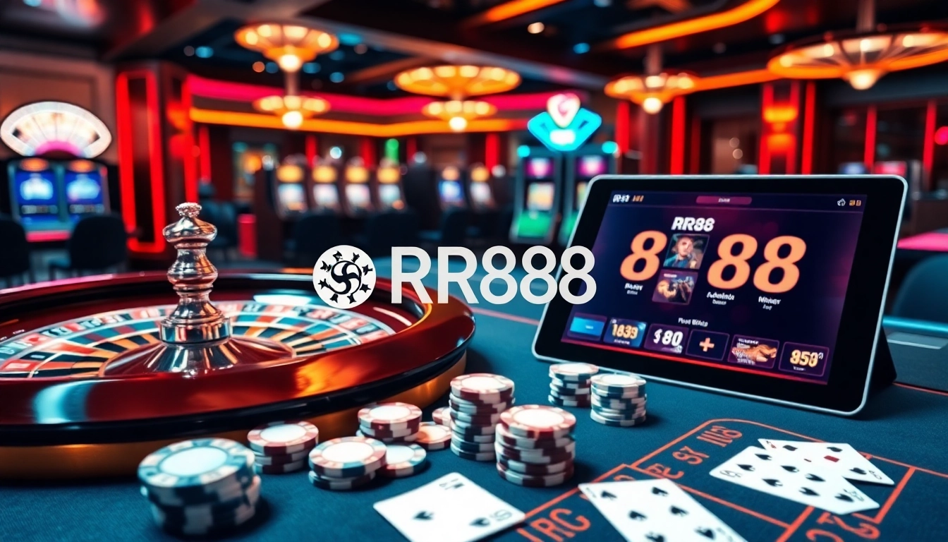 Experience thrilling gaming action at RR88 with poker chips and roulette tables.