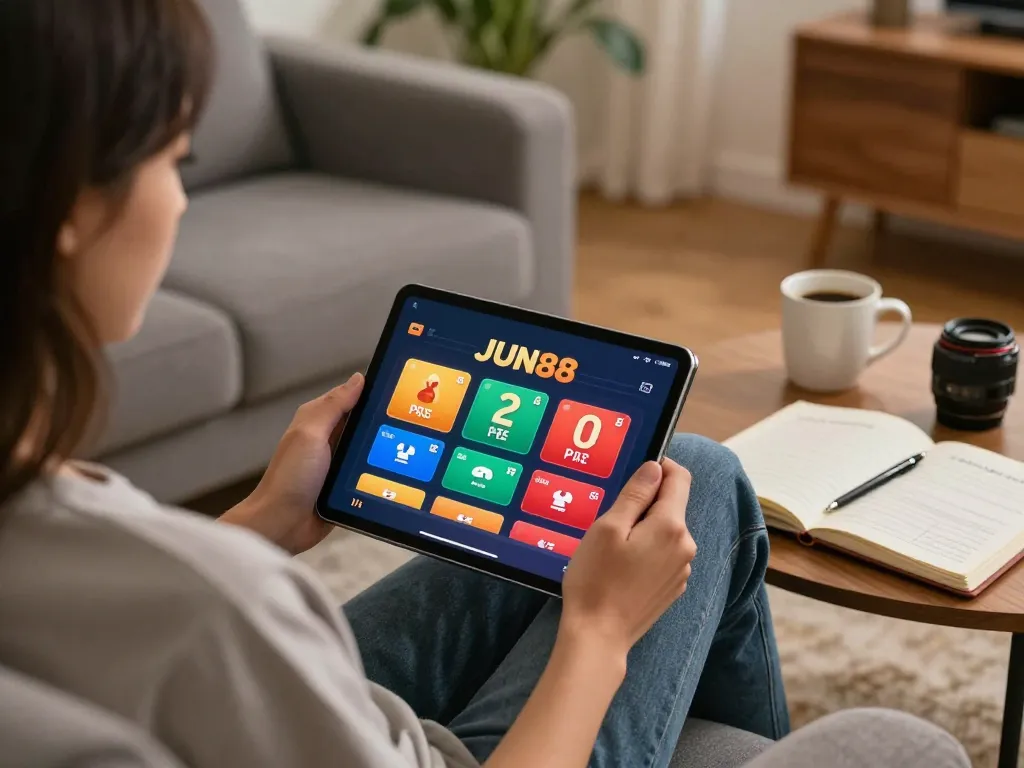 Engaging with JUN88 casino app while strategizing on a cozy sofa, enjoying home gaming