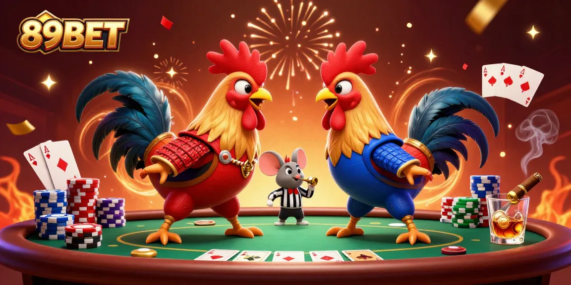 Experience intense action at 89BET with roosters battling at a poker table amid vibrant casino elements.