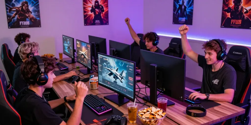 Gamers enjoying the F168 online gaming experience in a lively atmosphere.