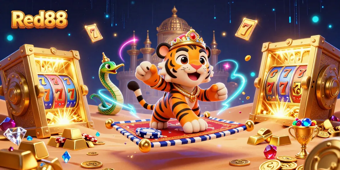 Experience thrilling gambling at Red88 with a vibrant casino scene featuring a sultan and dynamic slot elements.