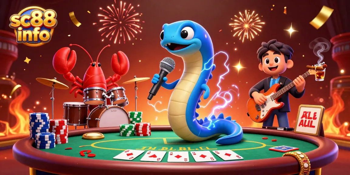 Experience vibrant underwater casino excitement with sc88 info, featuring a DJ electric eel and colorful poker elements.