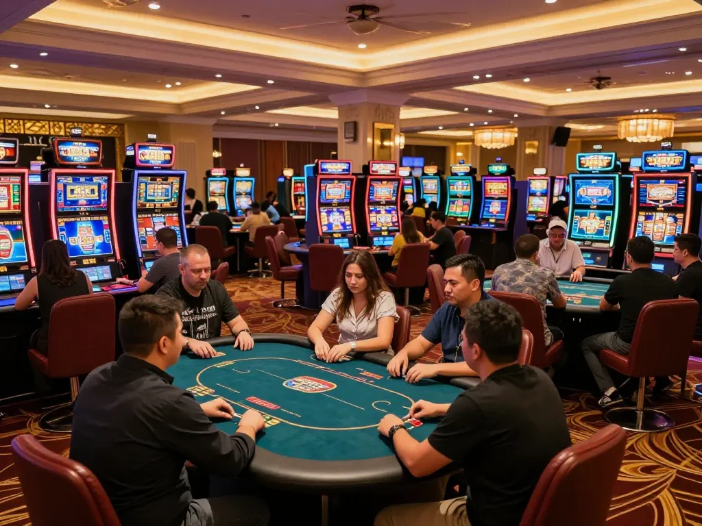 Experience the thrill of gaming at Go88’s vibrant casino floor with players at slot machines.