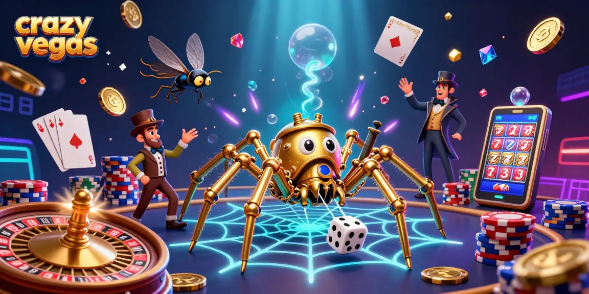 Engage with crazyvegas as a whimsical steampunk spider constructs a golden web while capturing rolling dice.