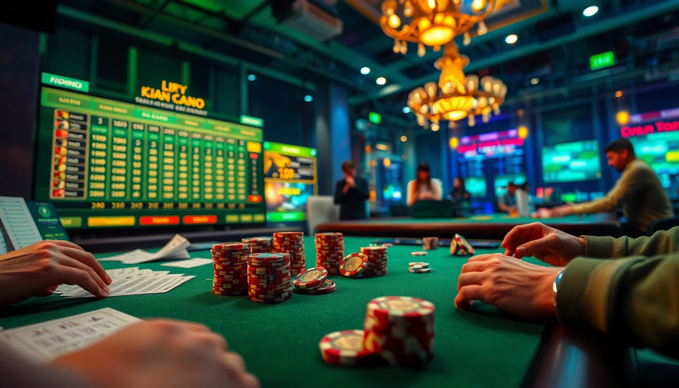 Kèo nhà cái displayed on a digital betting interface with casino elements like poker chips and betting slips.