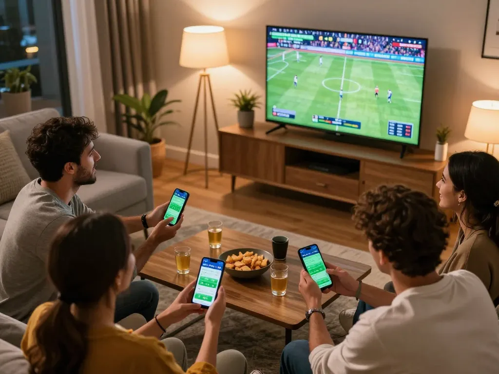 Friends enjoying sports betting on stepballl with live odds displayed on smartphones and TV.