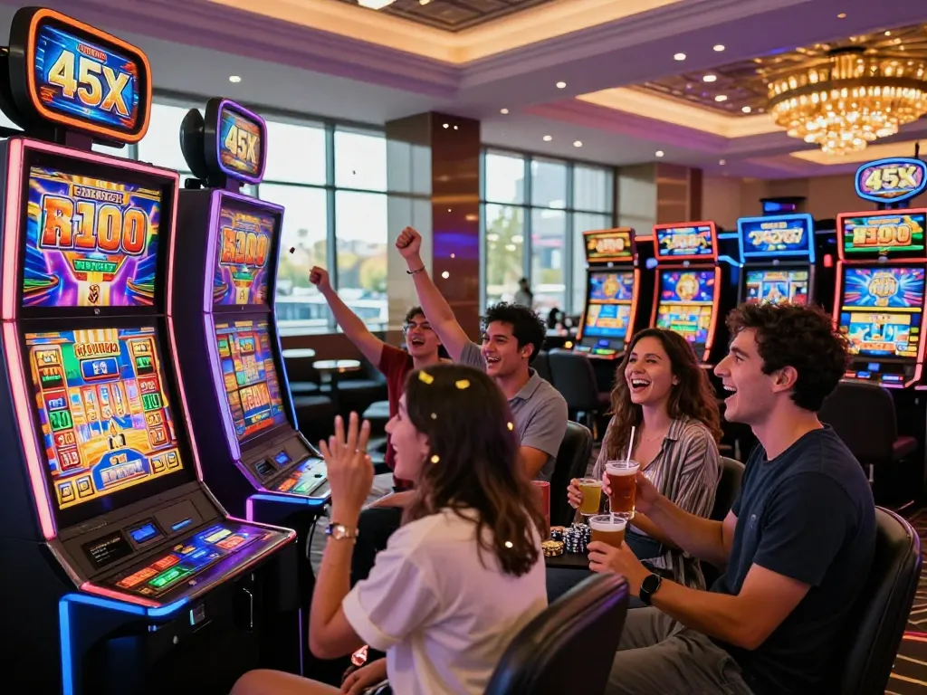 Friends celebrating and enjoying their thrilling experience at the 45X bet casino, colorful slot machines and lively atmosphere.