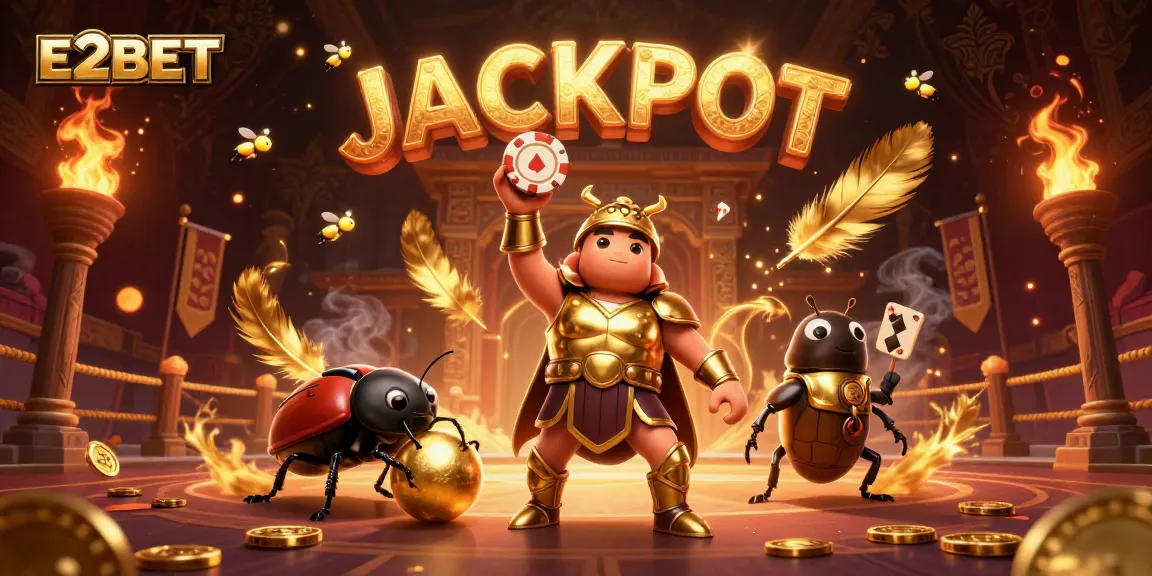 E2BET showcases a victory scene with a hercules beetle lifting a poker chip in a vibrant casino atmosphere.
