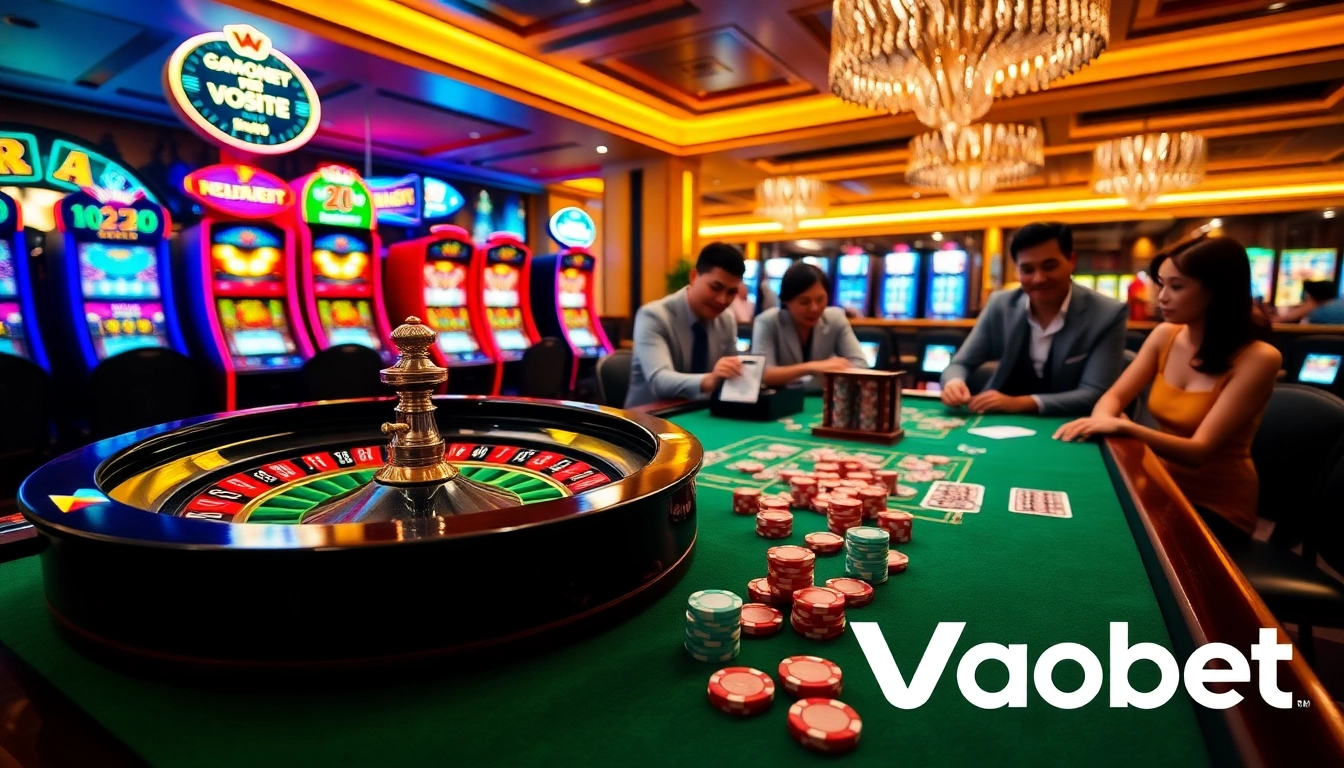 Experience vibrant gambling excitement at Vaobet with roulette, poker chips, and more.