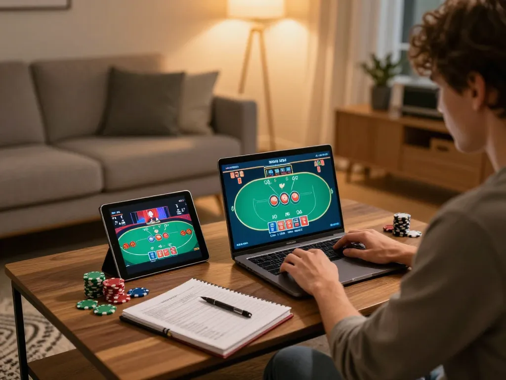 Engaged player using online poker platform at https://v788.biz/, showcasing strategic gameplay in a cozy home environment.