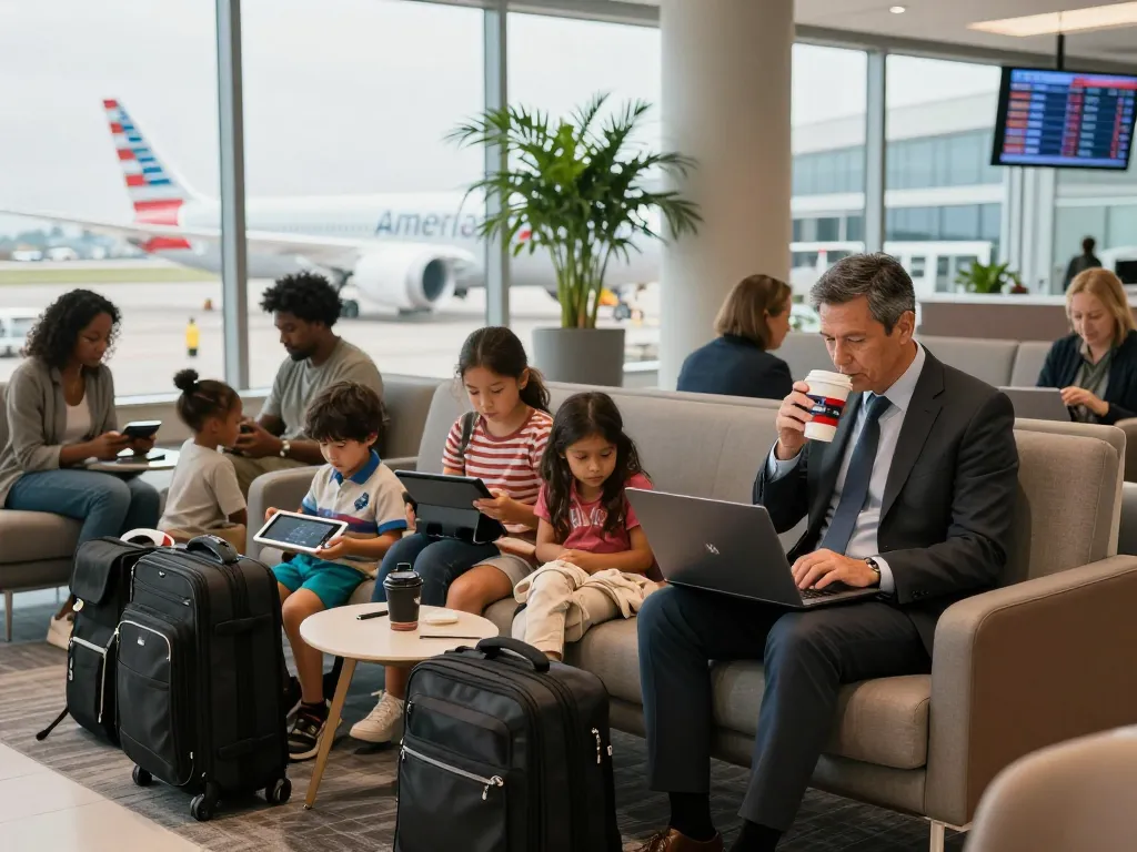 Travelers enjoying the American Airlines 787-9P experience in a bustling airport lounge, surrounded by comfort and anticipation.