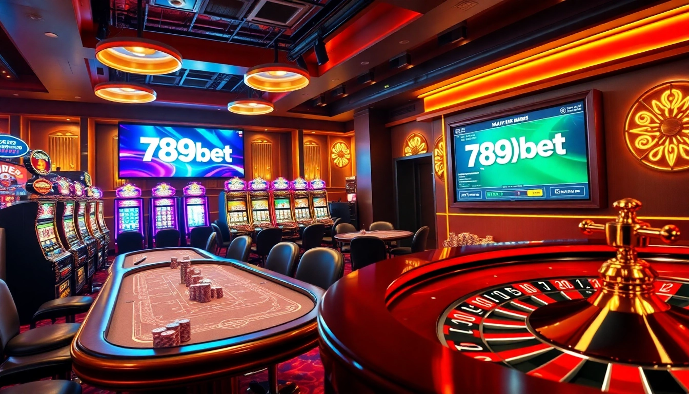 Players enjoying high-stakes gambling at a luxurious casino with 789bet branding.