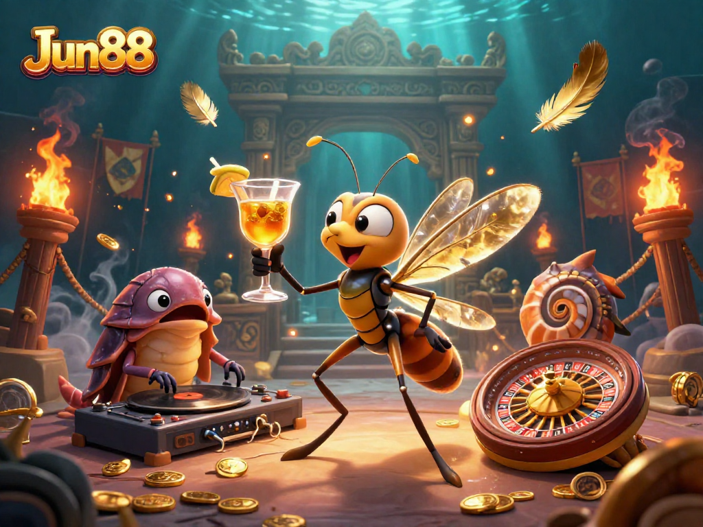Experience the thrill of Jun88 casino with a vibrant 3D scene featuring unique characters and gaming fun.
