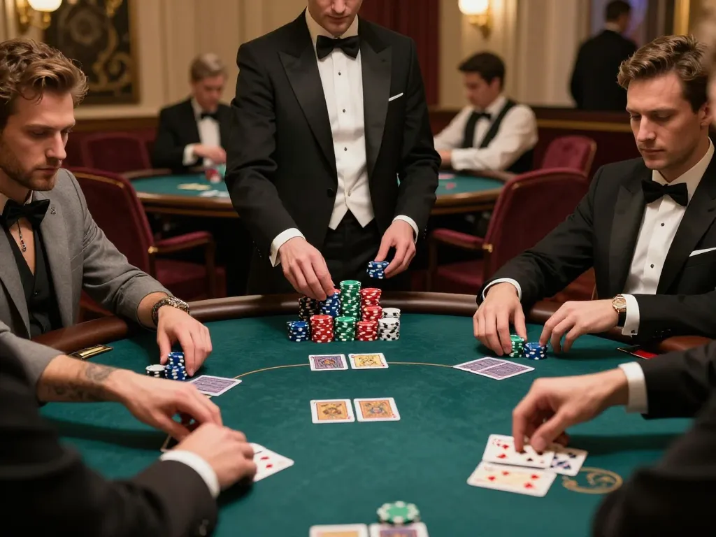 Players at a poker table using lapak303 for strategic gameplay in an upscale casino.