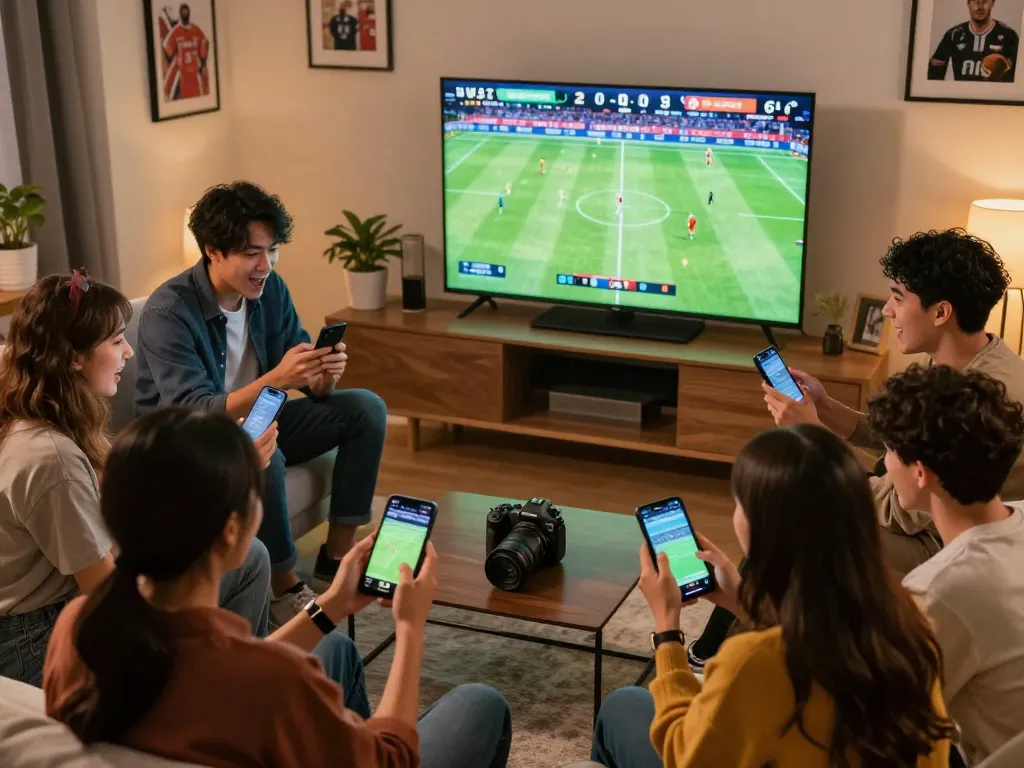 Friends engaging in sports betting while watching a football match with updated ty le ca cuoc on their smartphones
