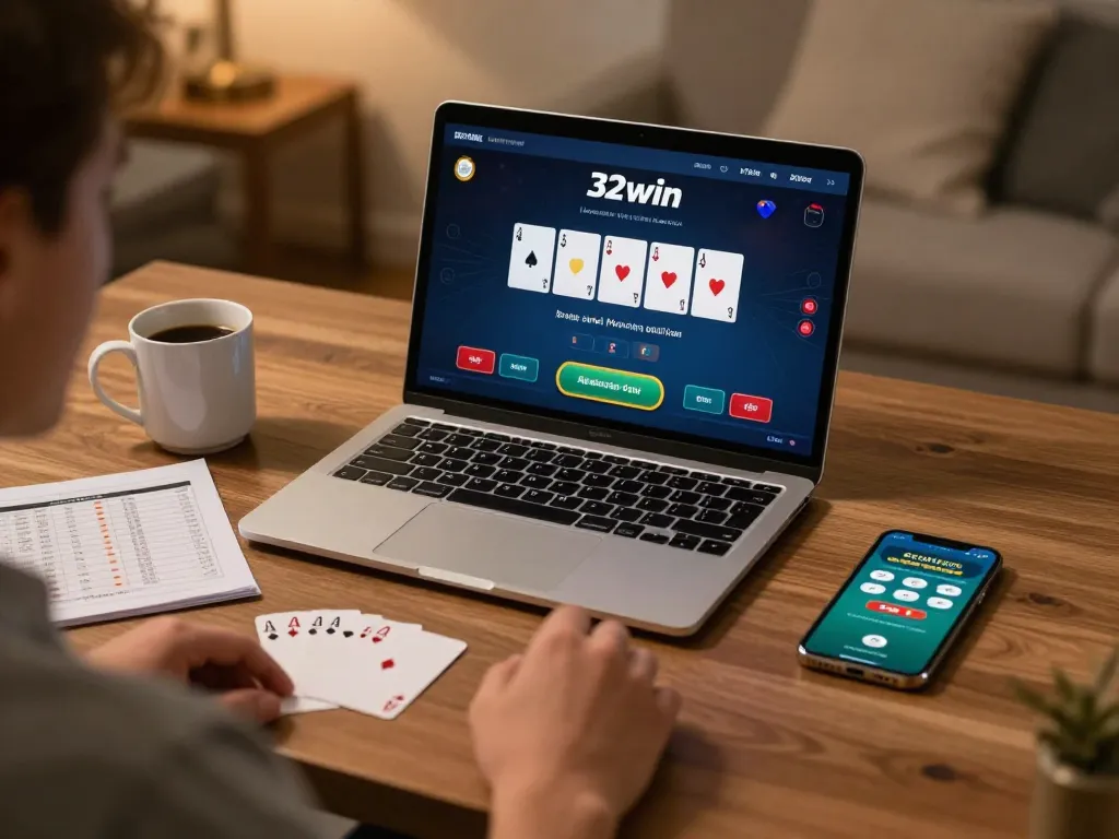 Player strategizing poker on 32win's platform in a cozy home office setting.