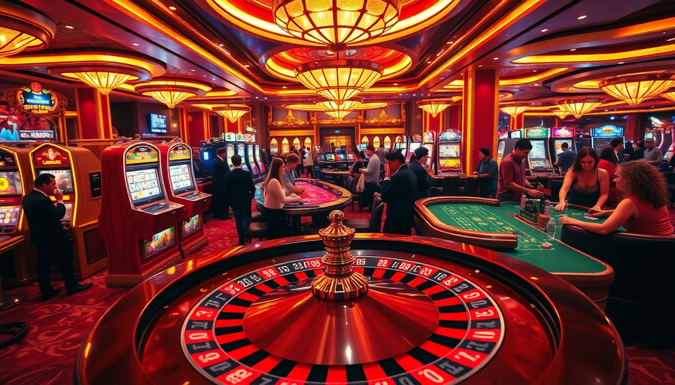 LUCK8 casino players enjoy vibrant slot machines and poker tables under warm lighting.