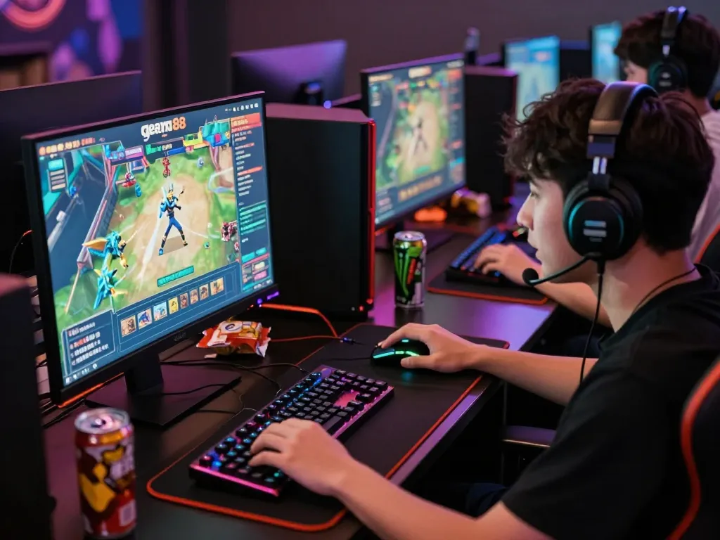 Excited player engaged in gem88 online gaming environment with vibrant screens and colorful LED lights.