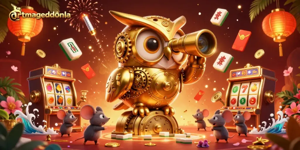 Engage in thrilling gameplay at artmageddonla with a golden owl overseeing vibrant casino action.