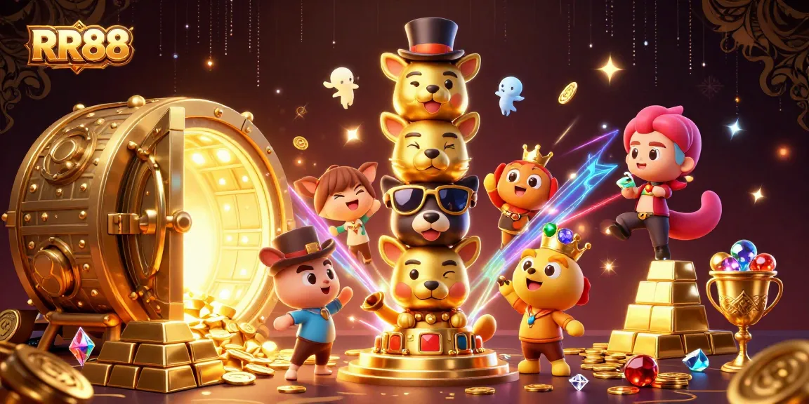 Experience RR88's dynamic gaming world with a vibrant 3D illustration showcasing exciting casino elements.