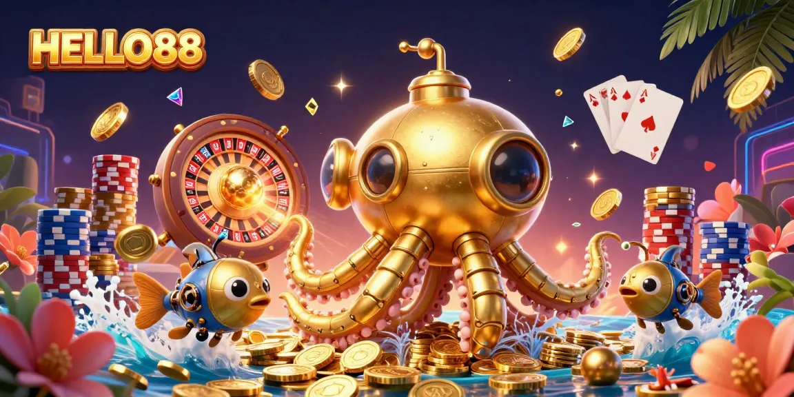 Experience the excitement of HELLO88 with a vibrant scene of golden kraken and mechanical fish surging through coins.