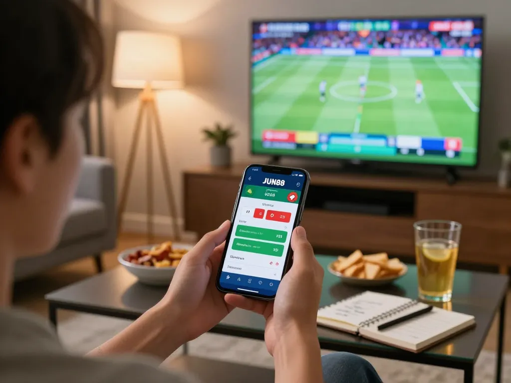 Engaging with the JUN88 app for live sports betting in a cozy home environment.