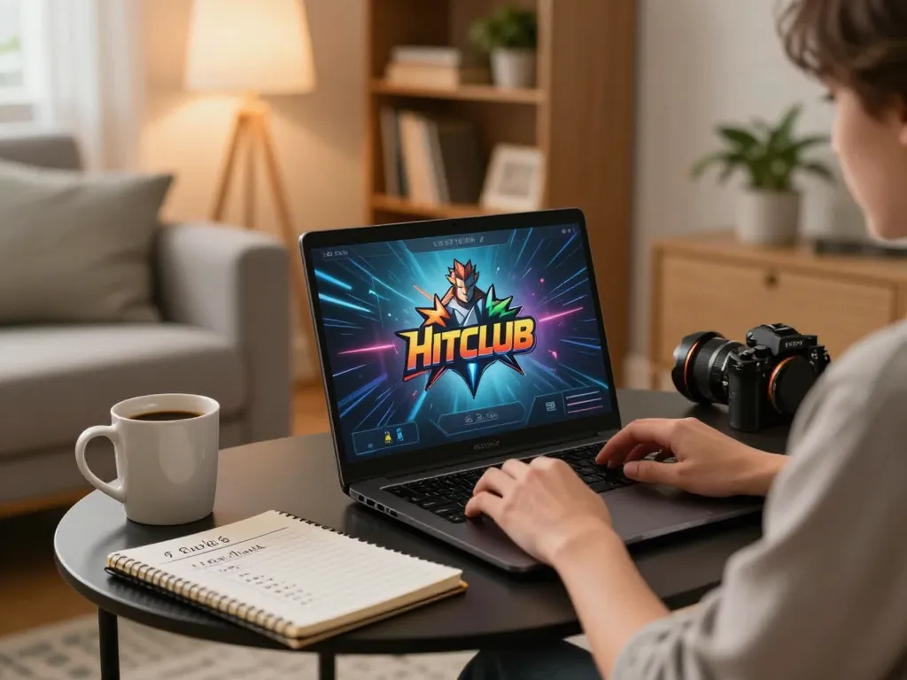 Engaged player enjoying Hitclub gaming experience on laptop, cozy home setup.