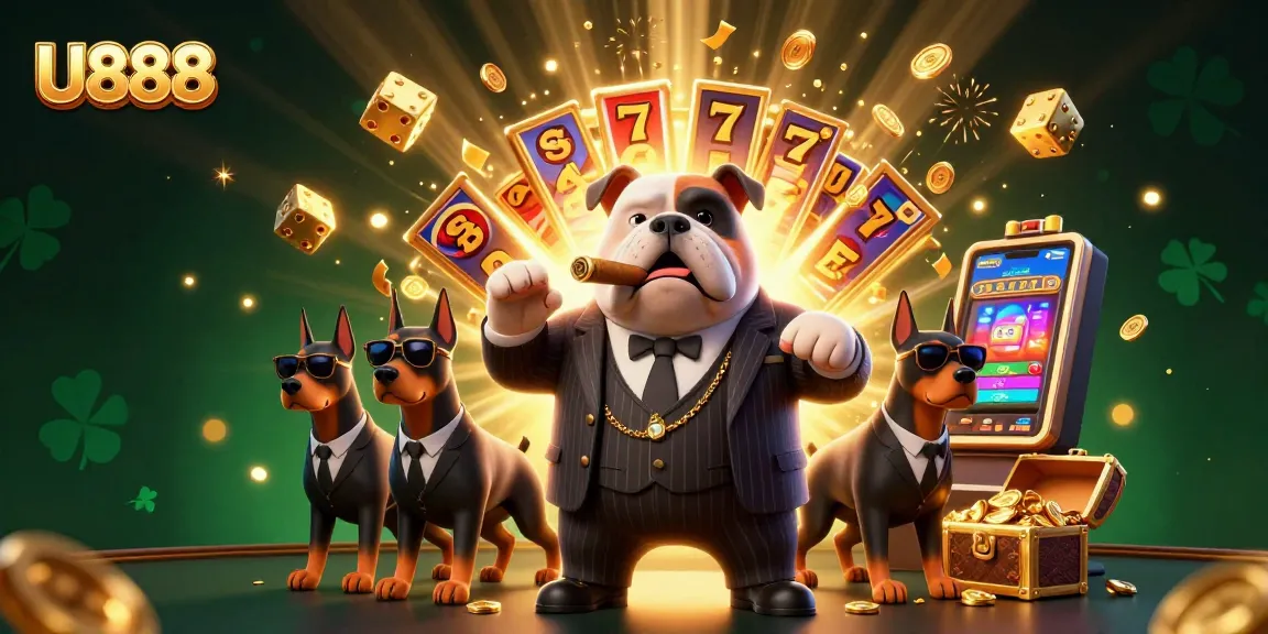 Experience the thrill of U888 with a cartoon bulldog boss amidst a jackpot explosion and casino elements.