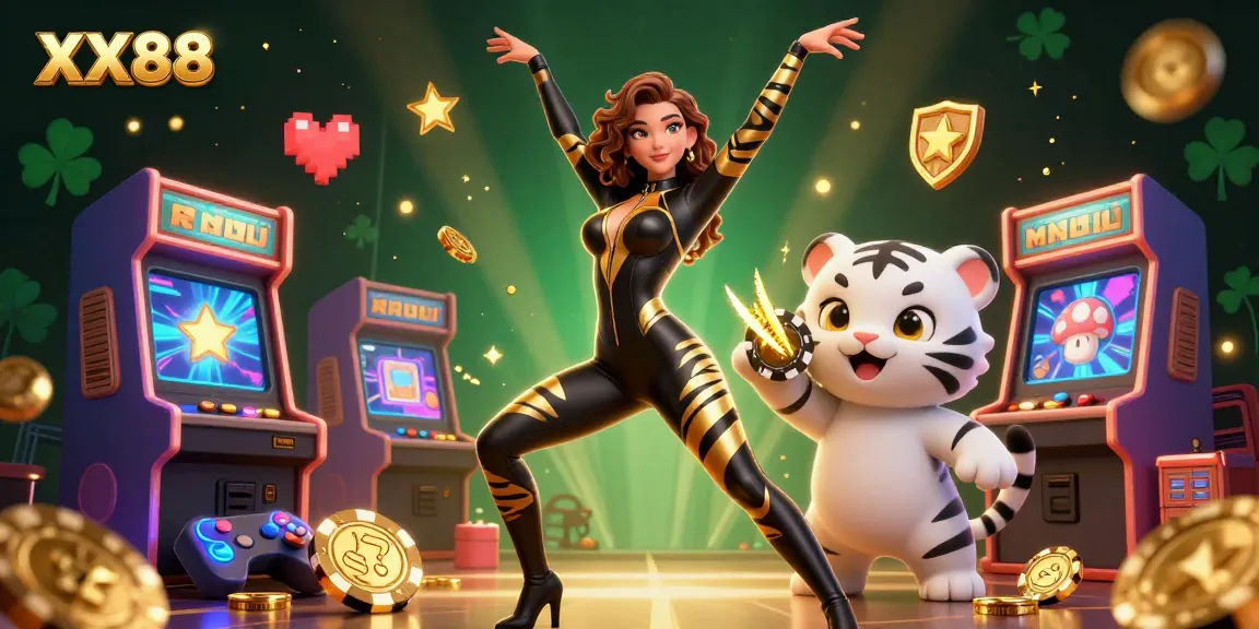 Win big at XX88 with vibrant 3D gaming action featuring an acrobatic woman and a baby tiger!
