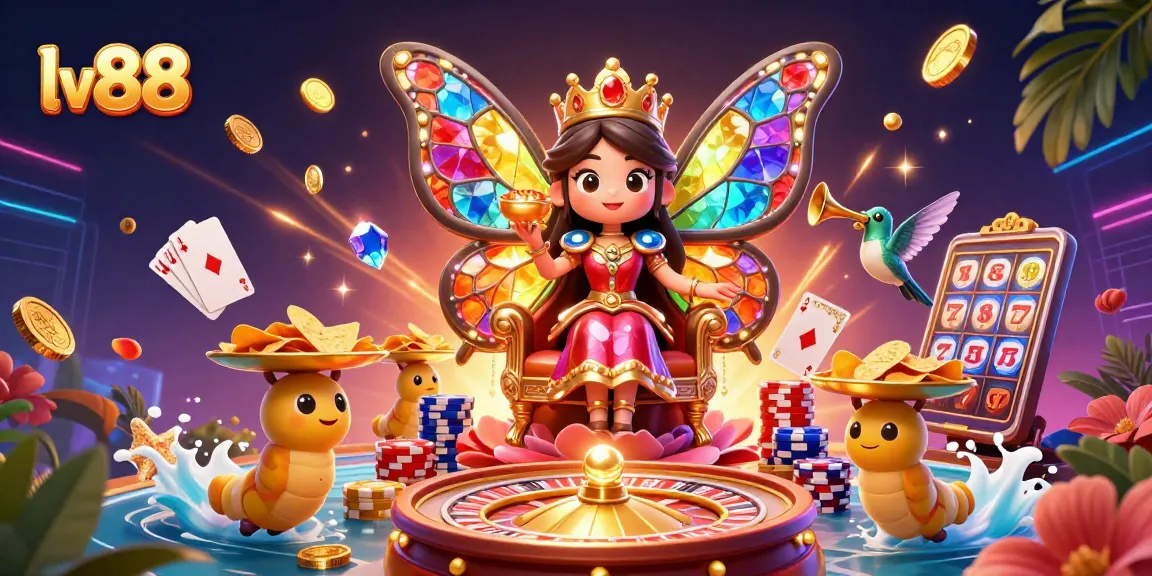 Experience the vibrant charm of lv88 with a butterfly queen in a spectacular casino setting.