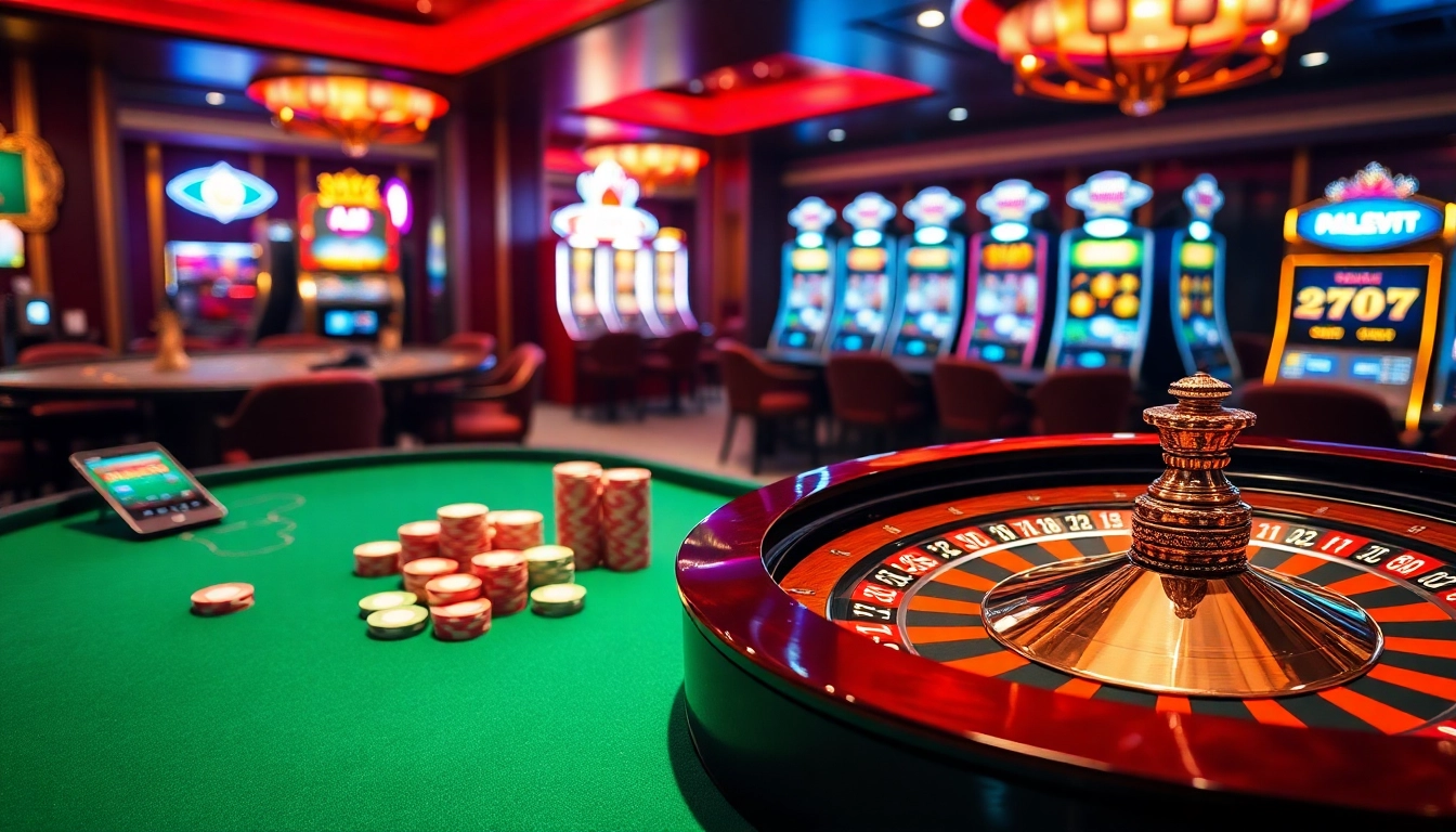 Experience the thrill of online gambling at https://nk88top.com/ with vibrant roulette wheels and poker chips.