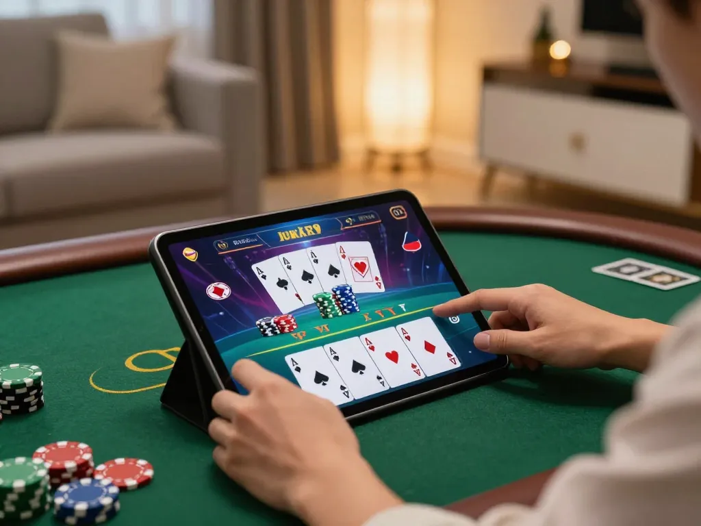Engaging in high-stakes poker on a tablet at home, featuring https://xx88.promo/ for thrilling online casino experience