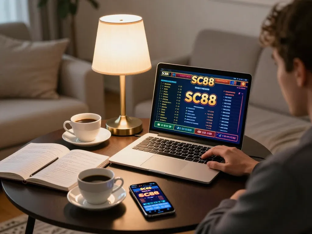 Experience SC88 online gaming with a player strategizing bets at home setup.
