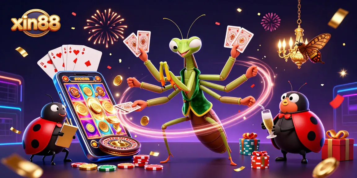 Experience exciting casino action at xin88 with a dynamic 3D illustration of a giant mantis dealer, ladybug pit boss, and vibrant game elements.
