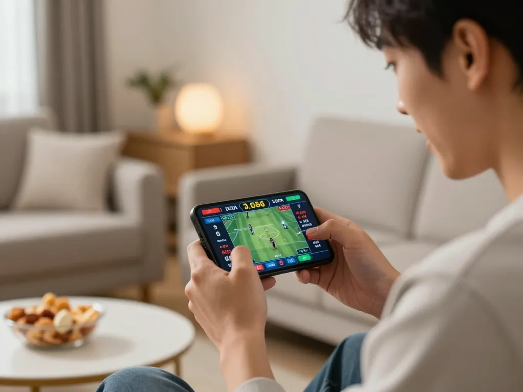 Engaging with TG88 link while placing sports bets on a smartphone in a cozy home setting