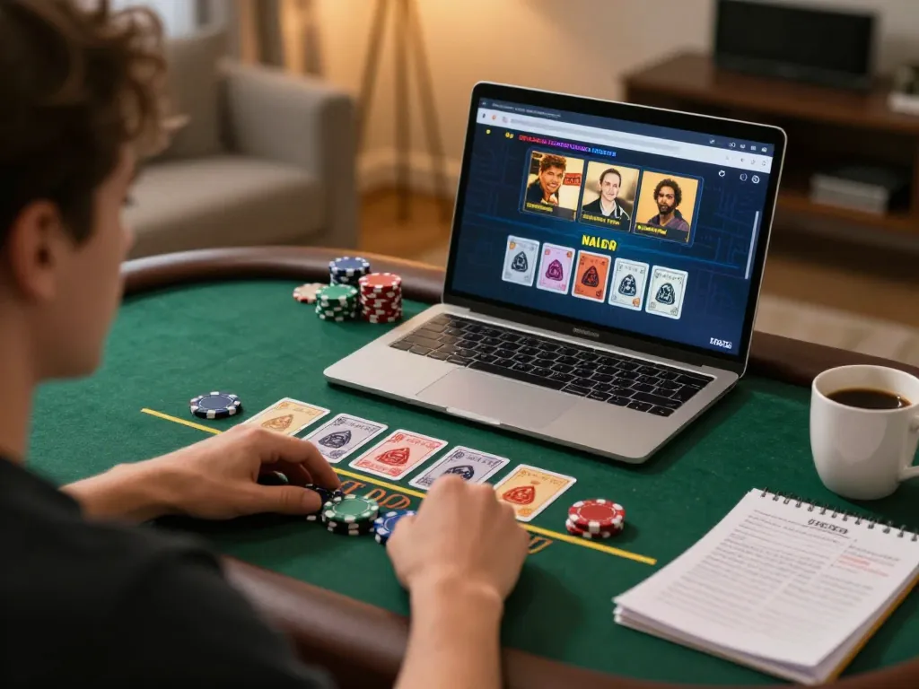 BL555 player engaging in live dealer game on laptop in cozy home environment, showcasing strategy notes and excitement.
