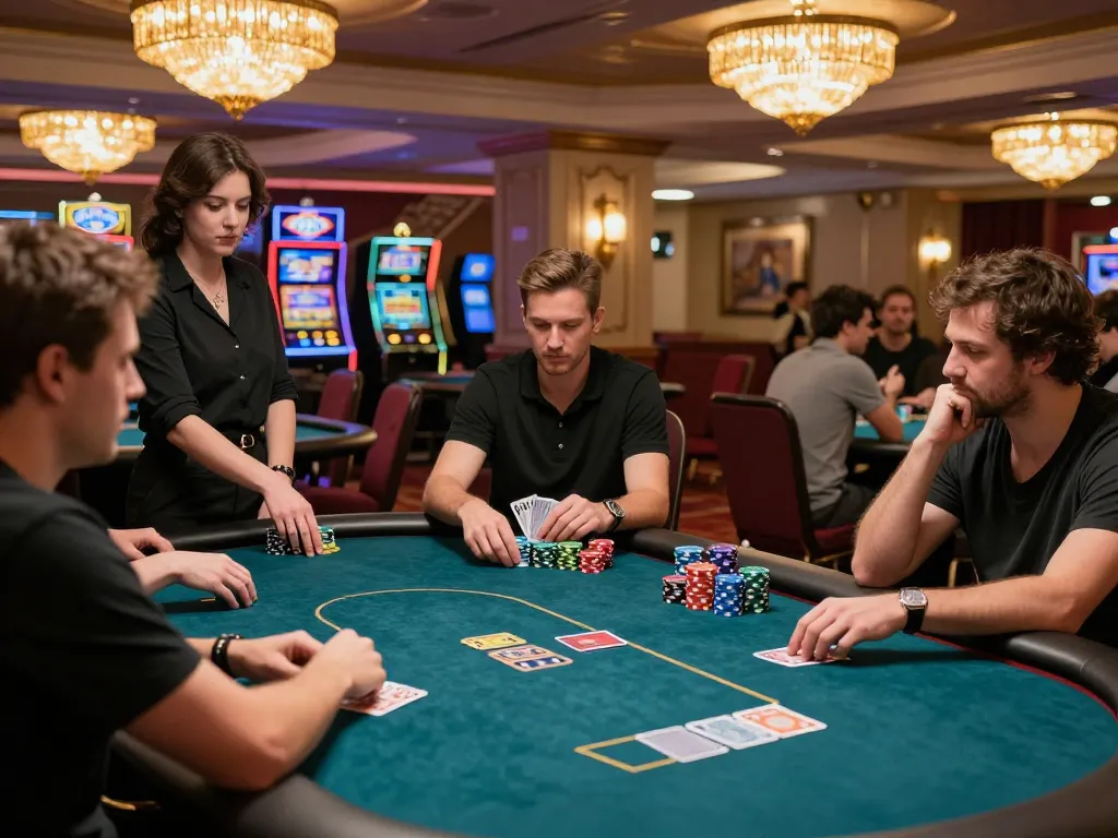 Player celebrating a win at Fun79 INK poker table surrounded by vibrant casino atmosphere.