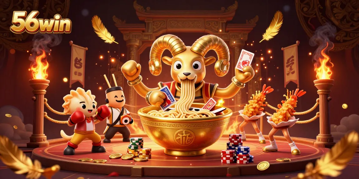 Join the excitement of 56win with dynamic characters in a vibrant casino scene.